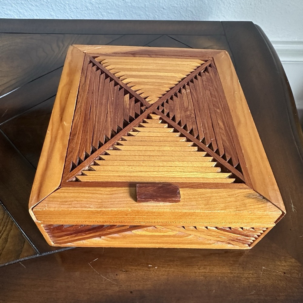 VTG Handmade Jewelry Box 8 Inch Folk Art Inlay Marquetry Wood Felt New Mexico